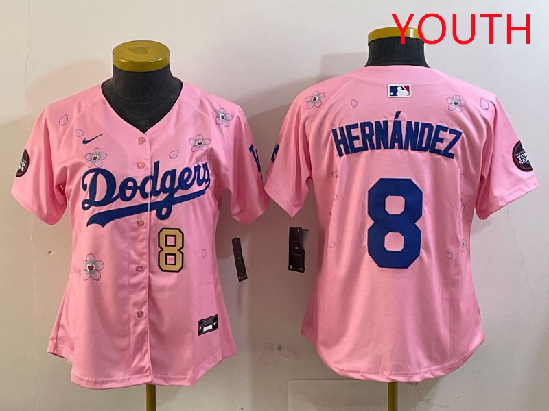 Youth Los Angeles Dodgers 8 Hernandez Pink Sakura Edition 2025 Nike MLB Jersey style 8
